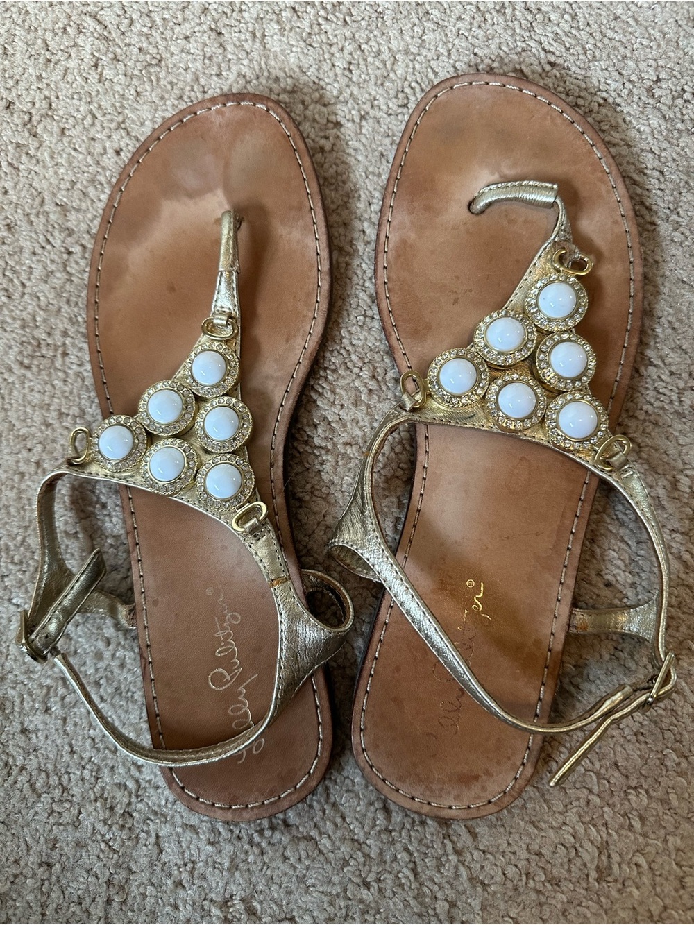 Lilly Pulitzer Gold Jeweled T-Strap Sandals Good Condition